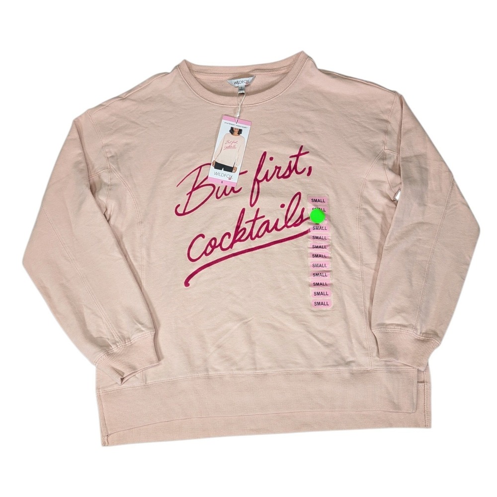 Wildfox But First Cocktails Graphic Sweatshirt Peach Whip Pink Small NWT